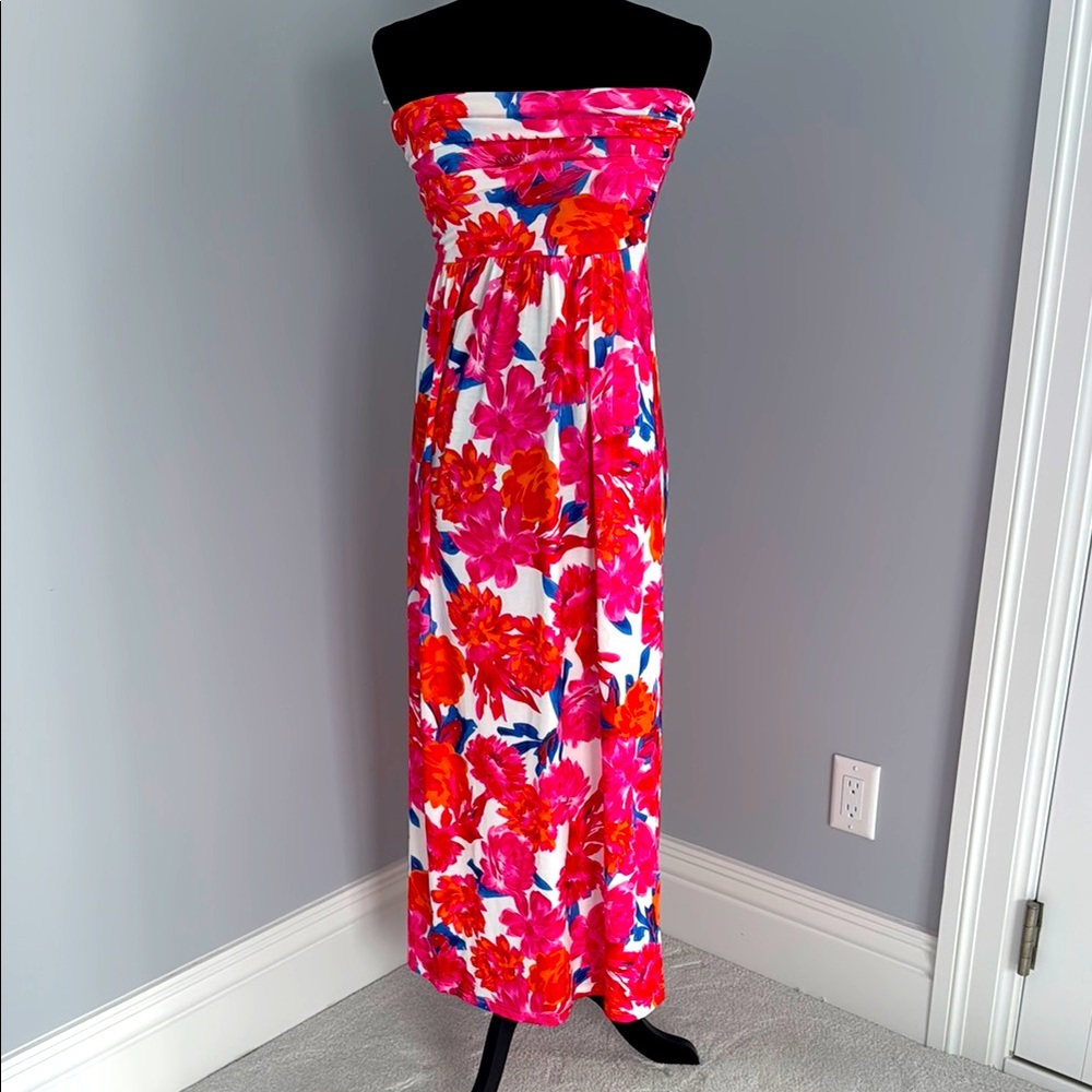 Grace Karin Floral Strapless Maxi Dress. Pink, orange, blue and white flowers.